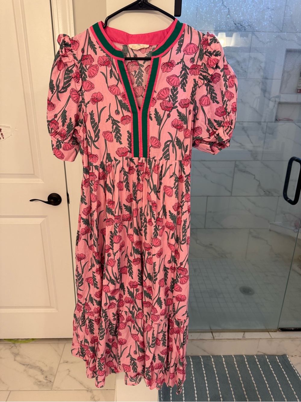 Entro Pink Floral Puff-Sleeve Midi Dress with Green Trim